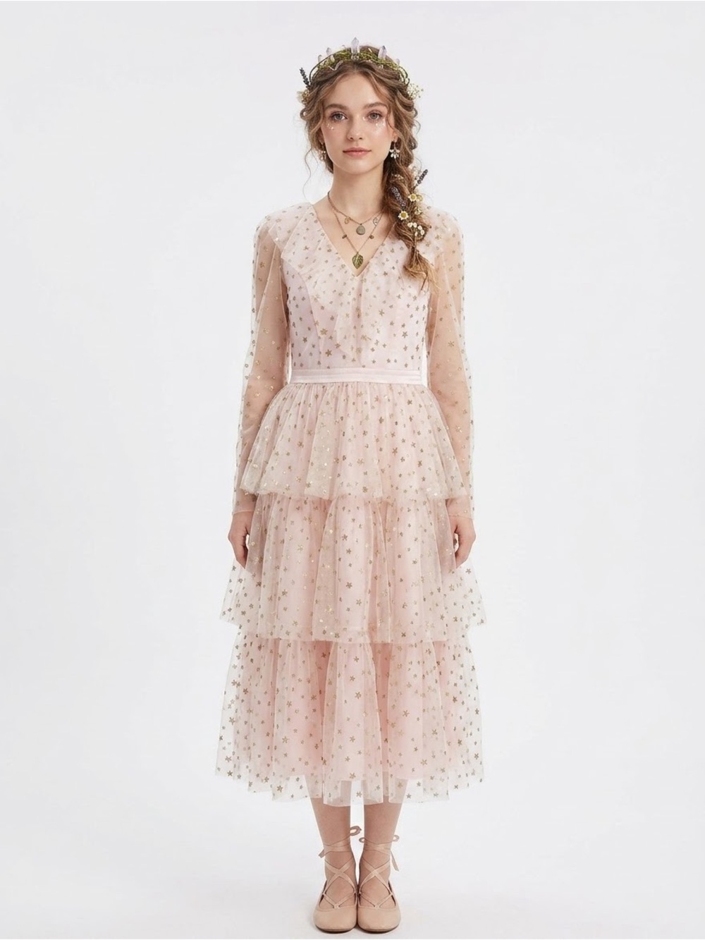 Fairycore Tiered Tutu Dress Feminine Glitter Star Ruffles Princess Nymph Goblin